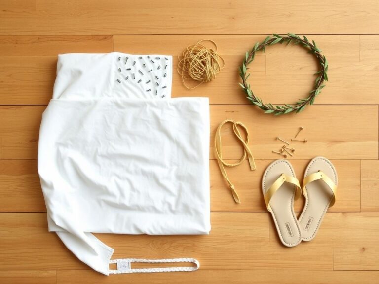 Materiały potrzebne do zrobienia stroju greckiego z prześcieradła ułożone na stole