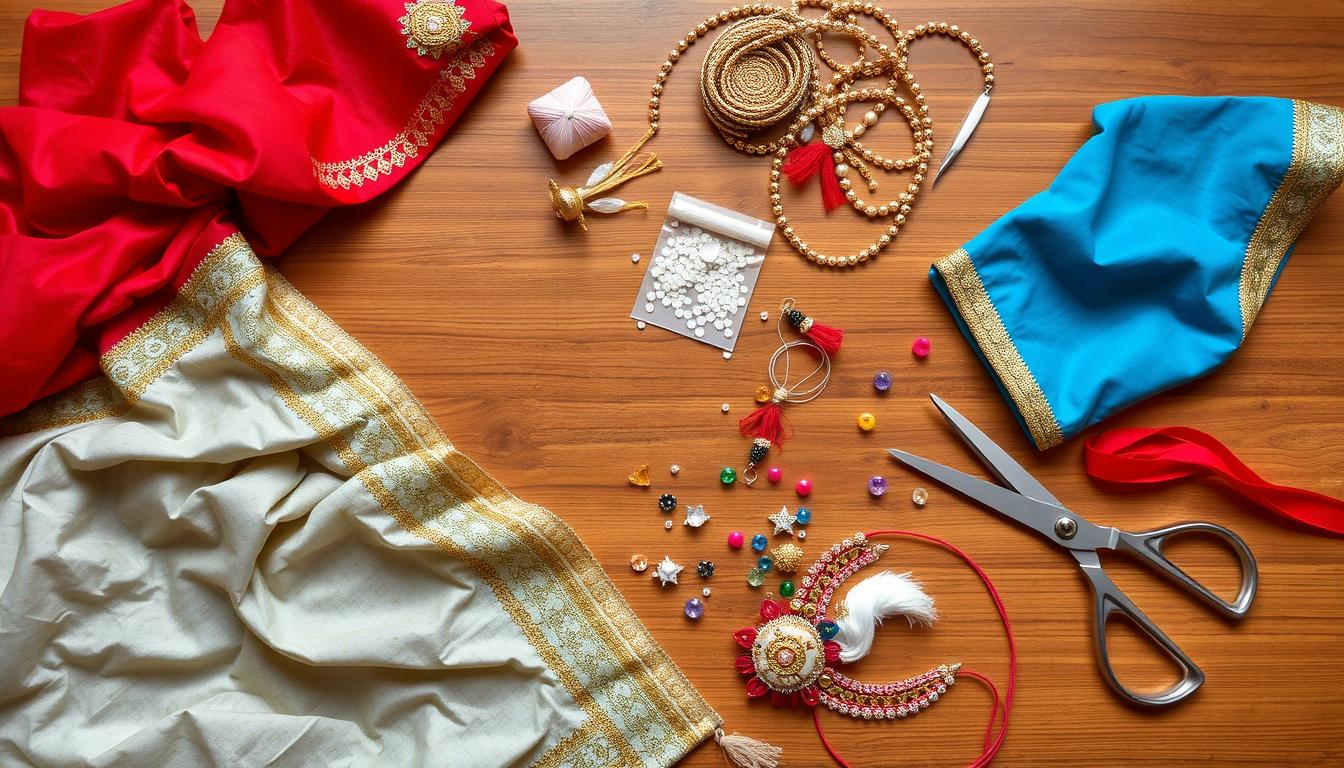 Materiały potrzebne do zrobienia stroju hinduskiego rozłożone na stole