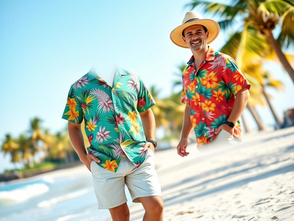 Mężczyzna w koszuli hawajskiej i jasnych szortach na plaży z kapeluszem słomkowym