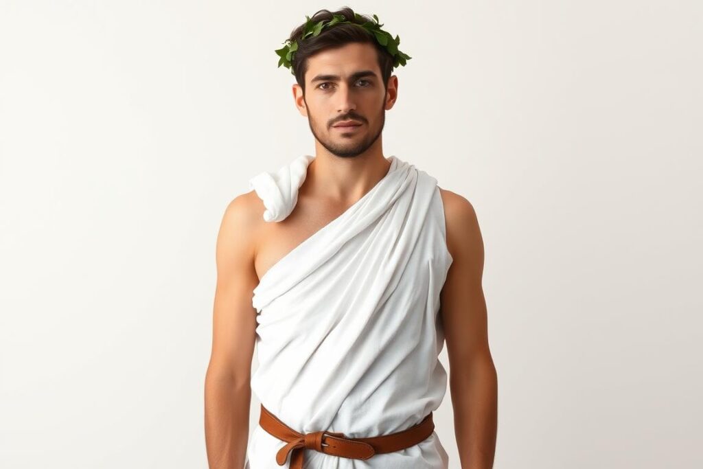 Mężczyzna w todze wykonanej z prześcieradła