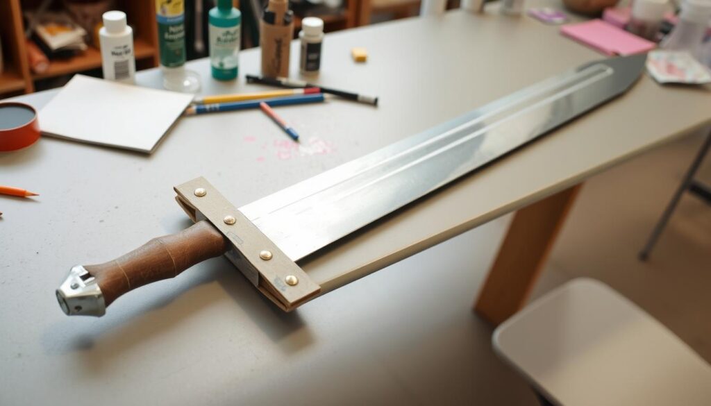 Miecz pirata DIY wykonany z kartonu i pomalowany na srebrno