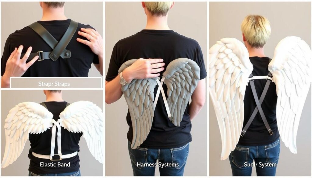 Osoba prezentująca różne techniki mocowania skrzydeł anioła na plecach