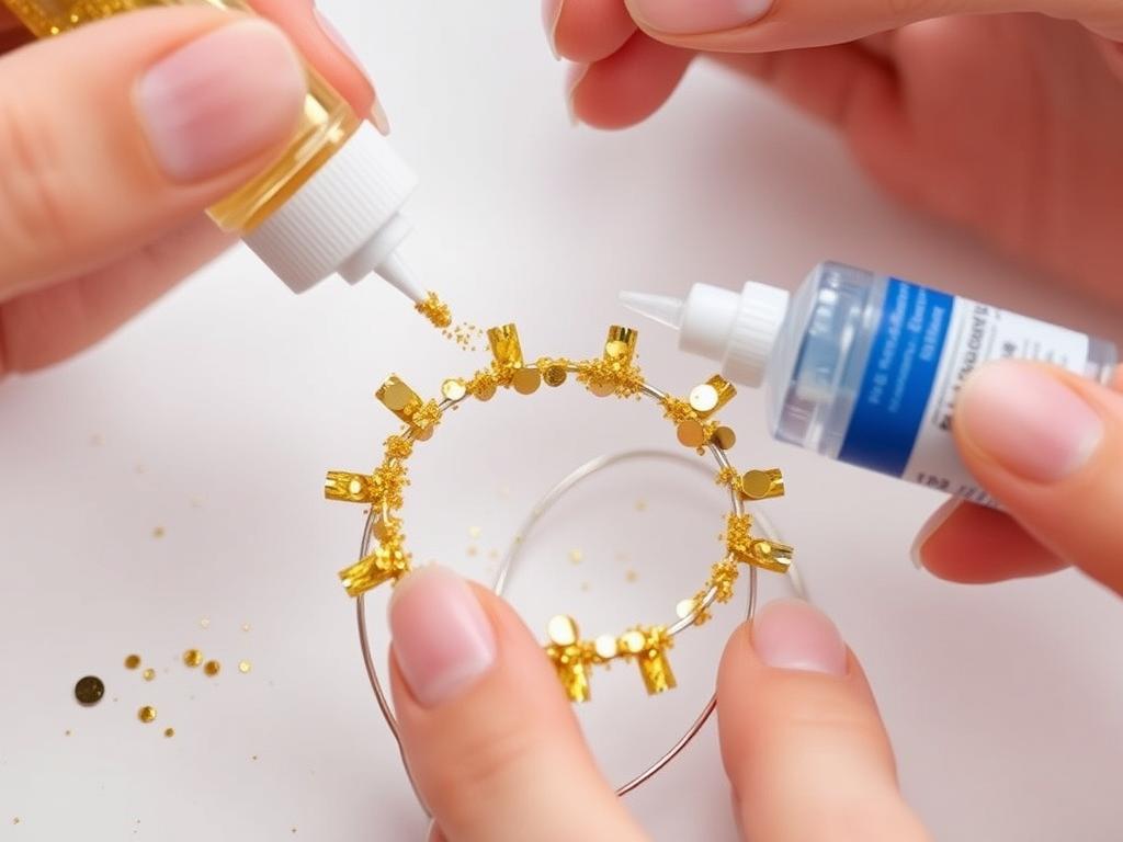 Ozdabianie aureoli anioła brokatem i cekinami, pokazujące jak zrobić aureolę świętego