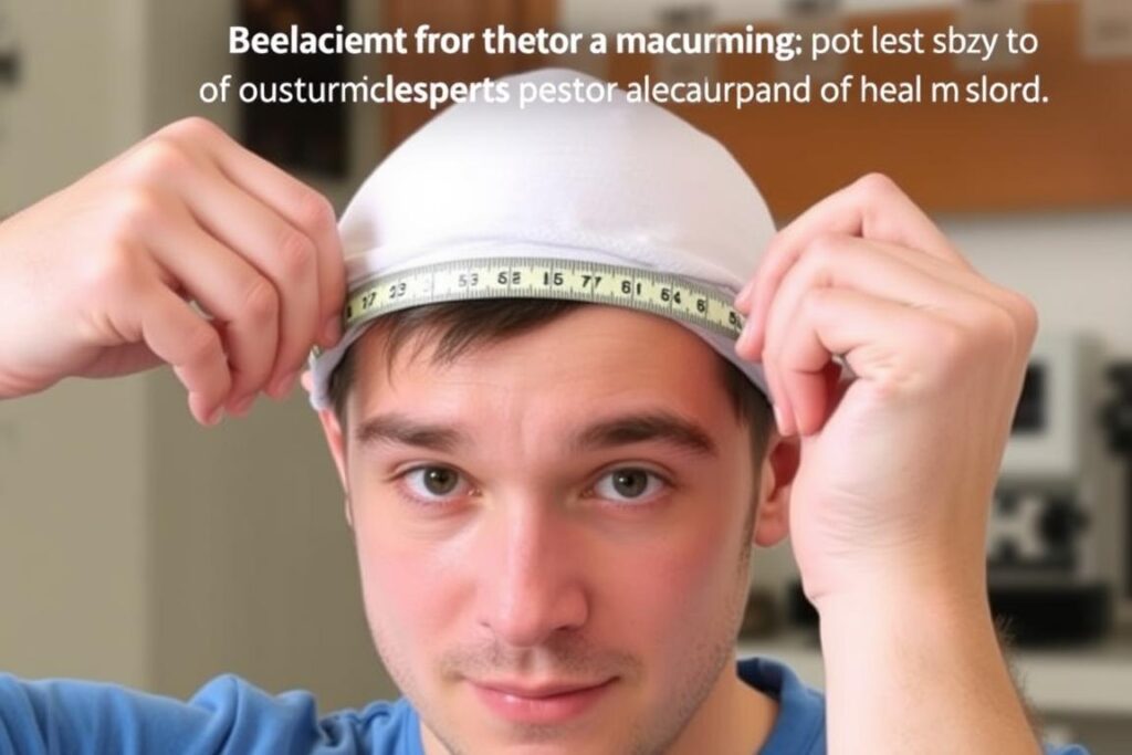 Pomiar obwodu głowy taśmą mierniczą do wykonania czapki smerfa