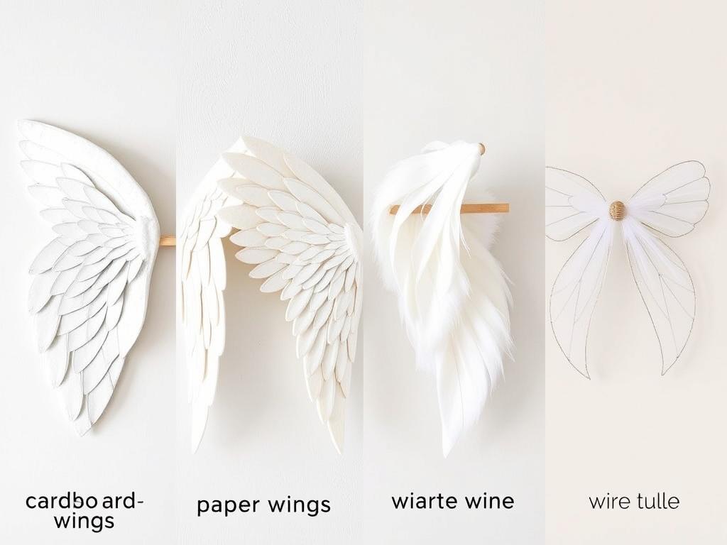 Porównanie różnych typów skrzydeł anioła: z kartonu, papieru, piór i drutu