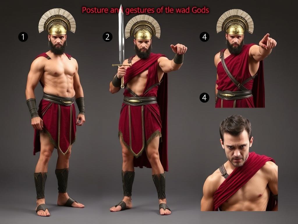 Postawa i gesty charakterystyczne dla boga wojny Aresa