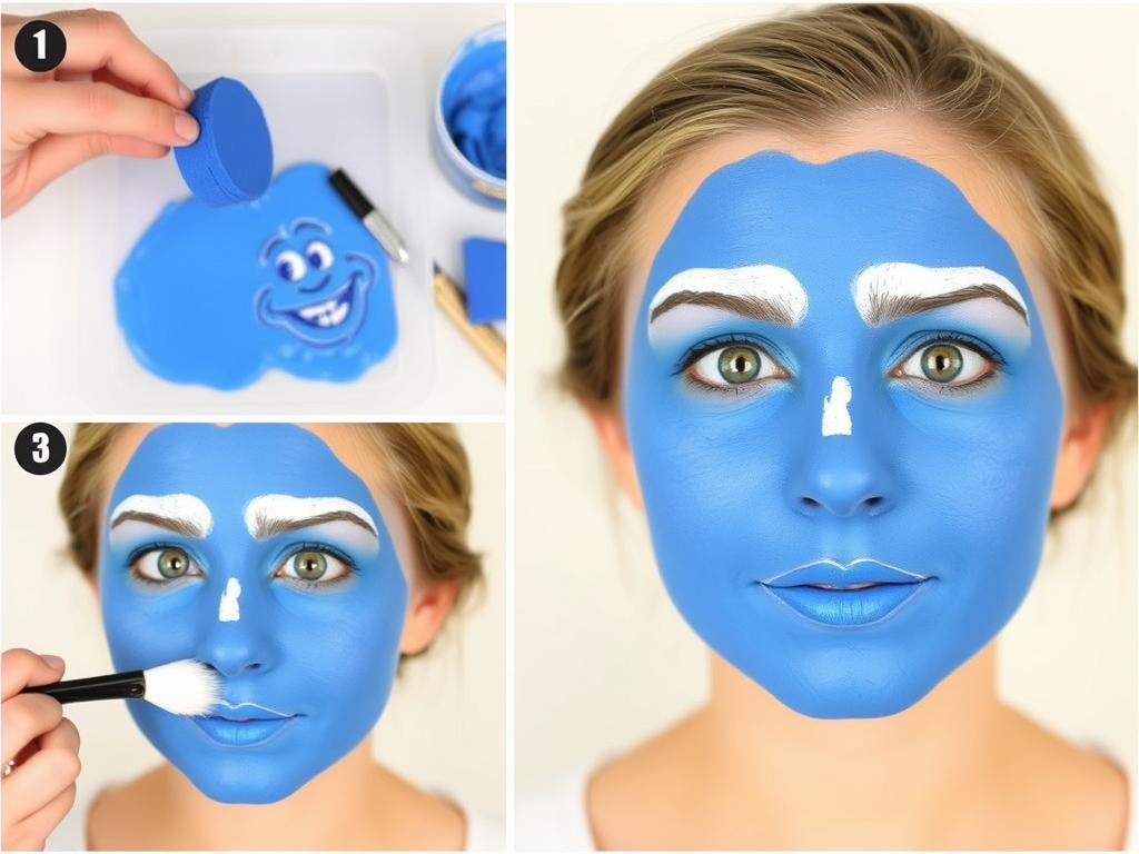 Proces nakładania niebieskiego makijażu do stroju smerfa