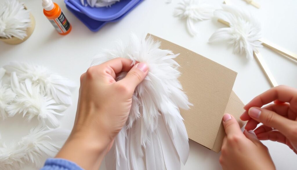 Proces przyklejania białych piór do podstawy skrzydeł anioła