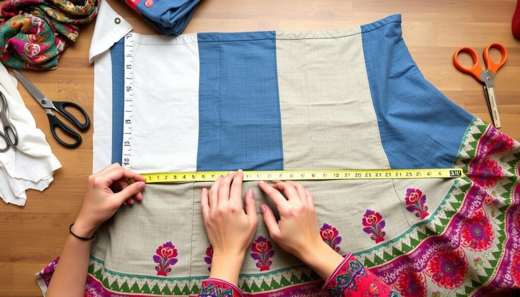 Proces szycia długiej spódnicy cyganki - wykrój i materiały