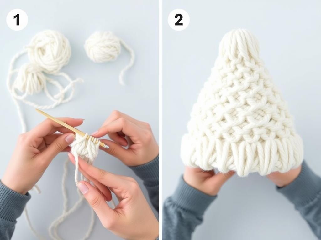 Proces tworzenia czapki smerfa na drutach z białej włóczki