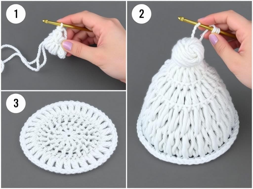 Proces tworzenia czapki smerfa szydełkiem z białej włóczki