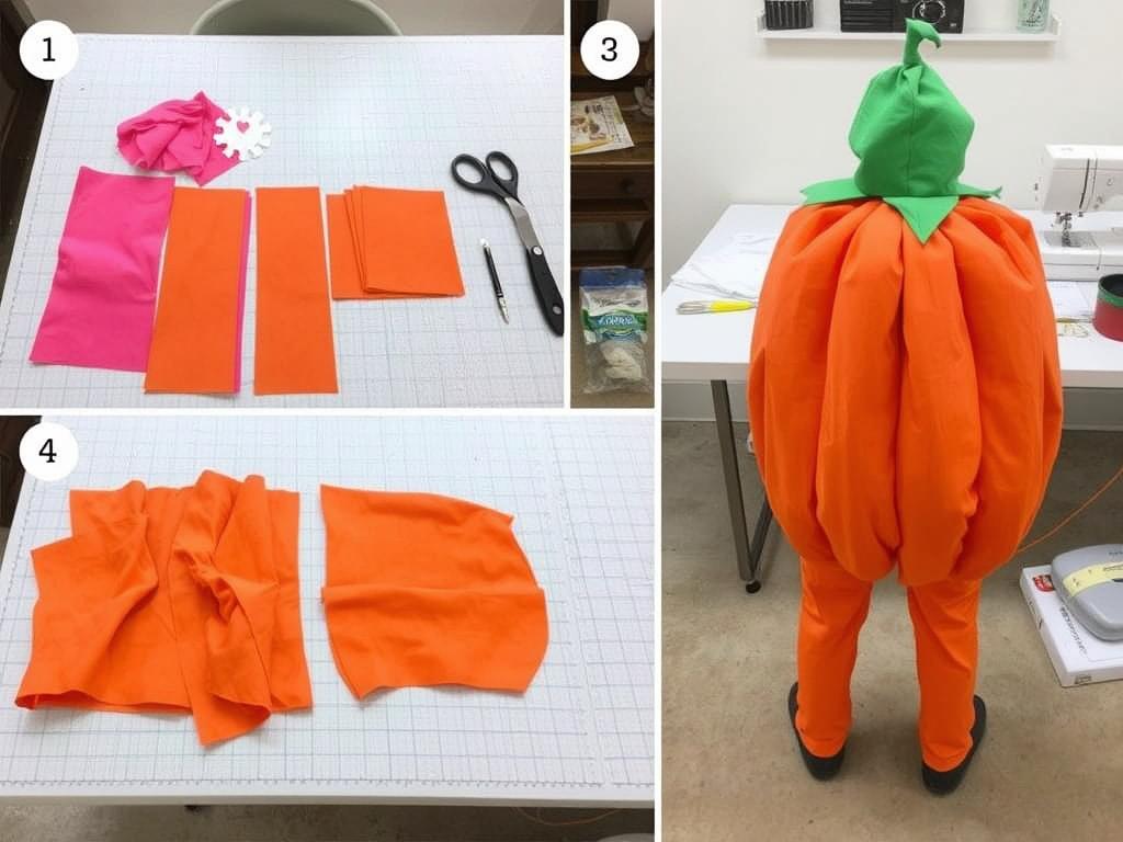 Proces tworzenia kostiumu dyni z pomarańczowego materiału