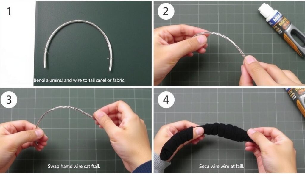 Proces tworzenia ogona kota z drutu i materiału - wyginanie drutu, owijanie materiałem
