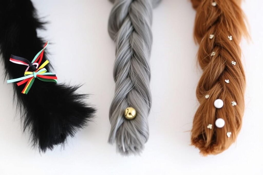 Przykłady ozdobnych ogonów kota z dodatkami - wstążki, dzwoneczki, cekiny