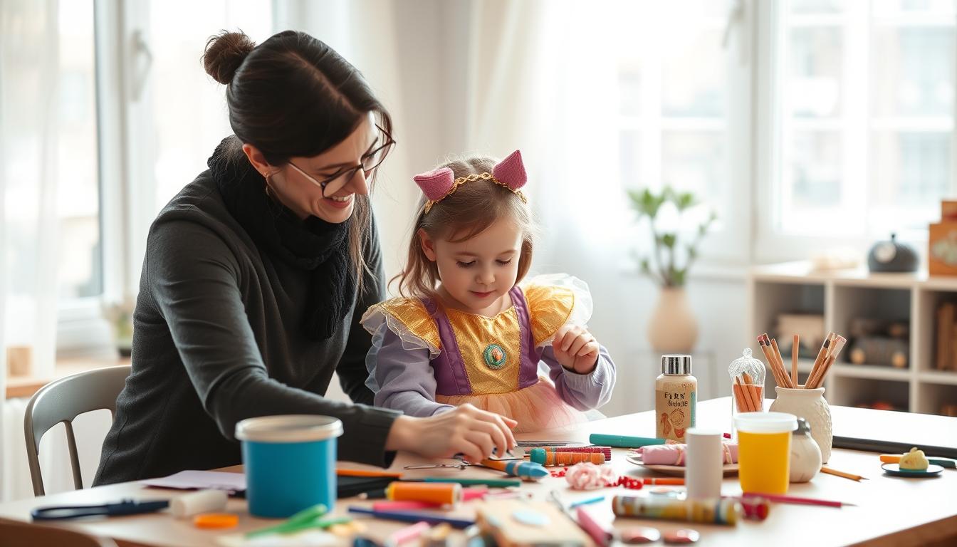 Rodzic i dziecko wspólnie tworzący strój postaci z bajki