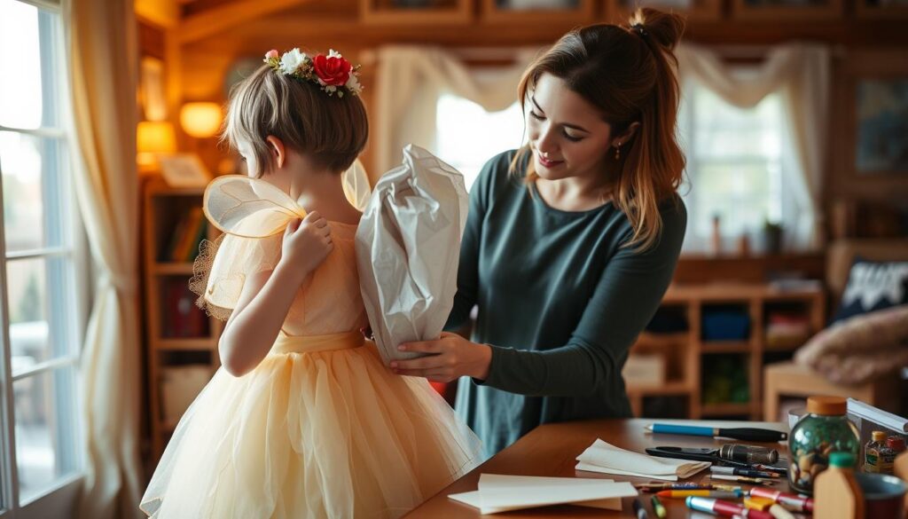 Rodzic pomagający dziecku przymierzyć samodzielnie wykonany strój z bajki