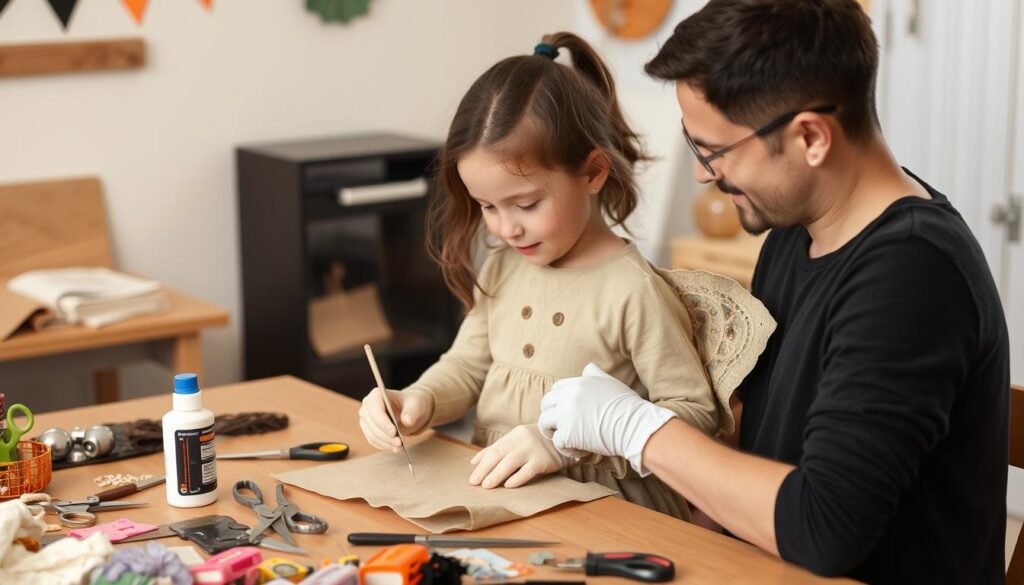 Rodzic z dzieckiem bezpiecznie tworzący strój ekologiczny