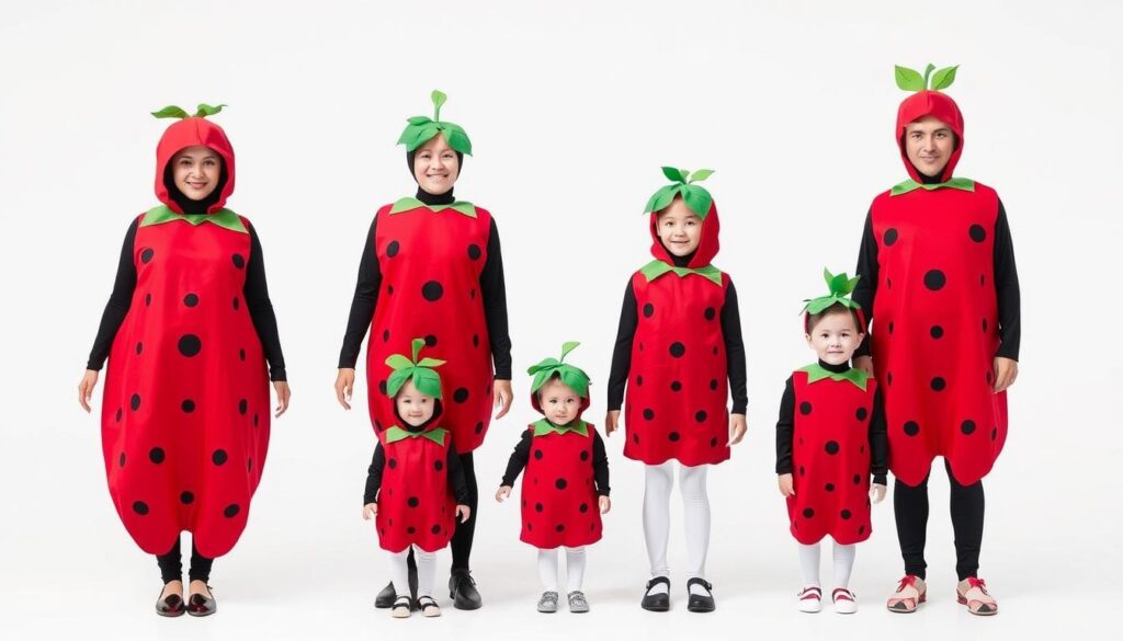 Rodzina w tematycznych kostiumach truskawkowych - różne rozmiary dla dorosłych i dzieci
