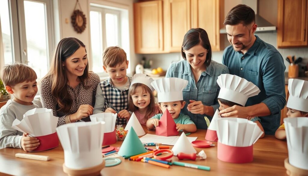 Rodzina wspólnie przygotowująca czapki kucharskie i bawiąca się w gotowanie