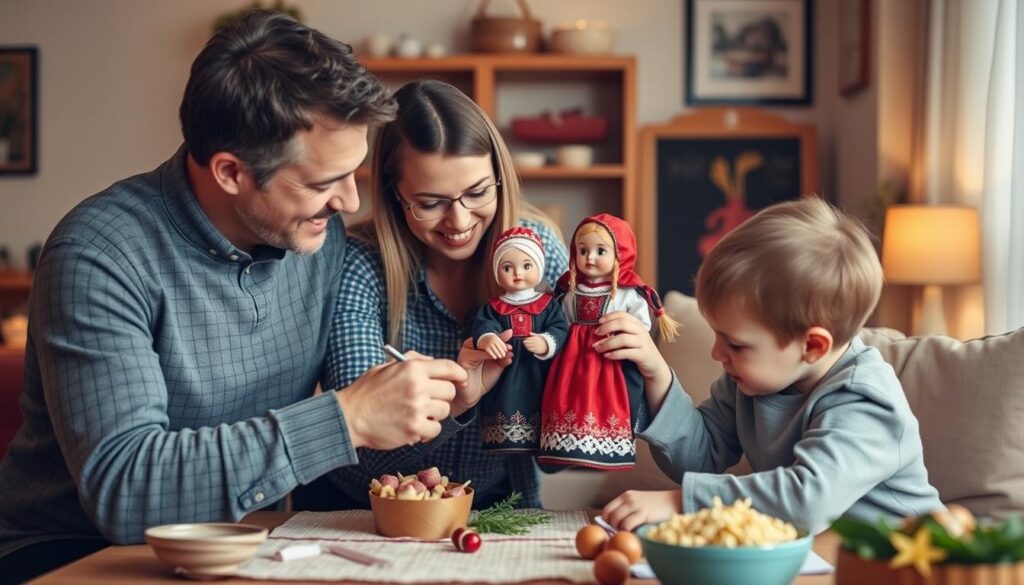 Rodzina wspólnie tworząca marzannę, kultywując polską tradycję ludową