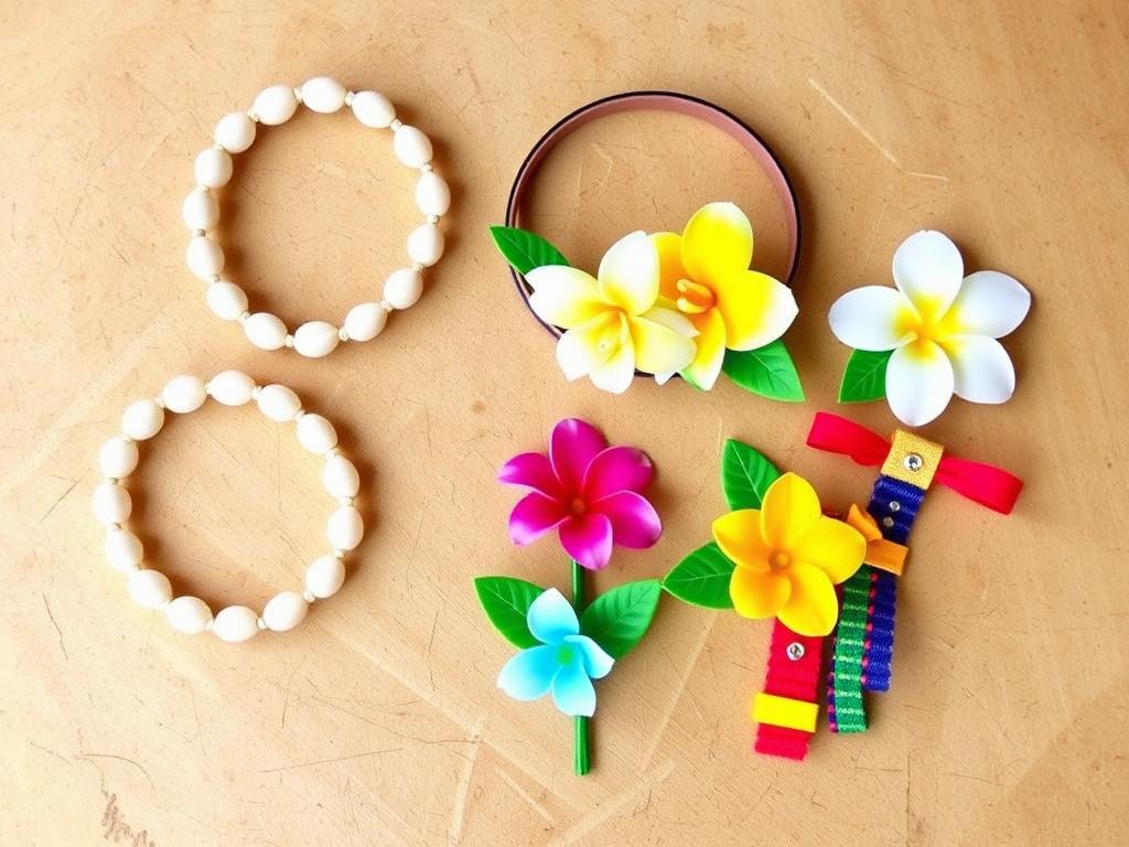 Różne DIY dodatki hawajskie - bransoletki z muszelek, opaska z kwiatów i ozdoby do włosów