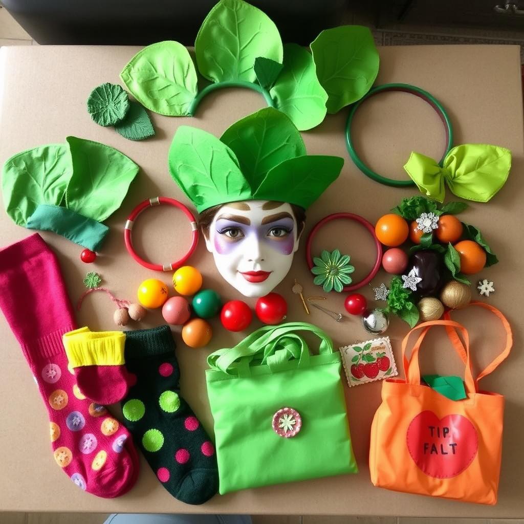 Różne akcesoria do kostiumów owocowo-warzywnych: czapki, opaski, makijaż