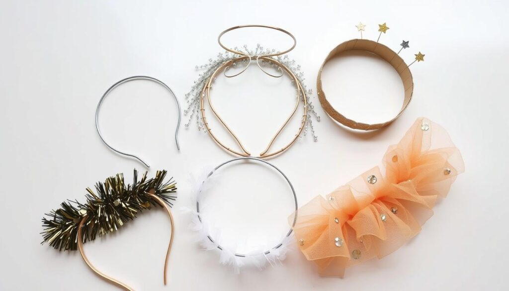 Różne rodzaje gotowych aureoli anioła wykonanych różnymi technikami, pokazujące efekt końcowy