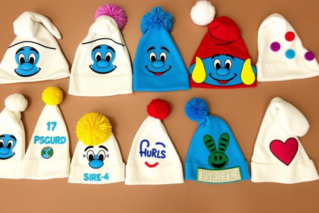 Różne spersonalizowane wersje czapek smerfa z dodatkowymi dekoracjami