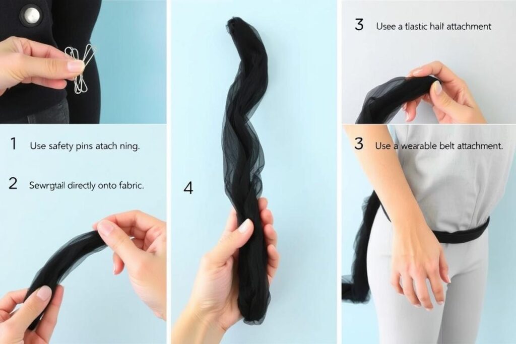 Różne sposoby mocowania ogona kota do kostiumu - agrafka, przyszycie, gumka