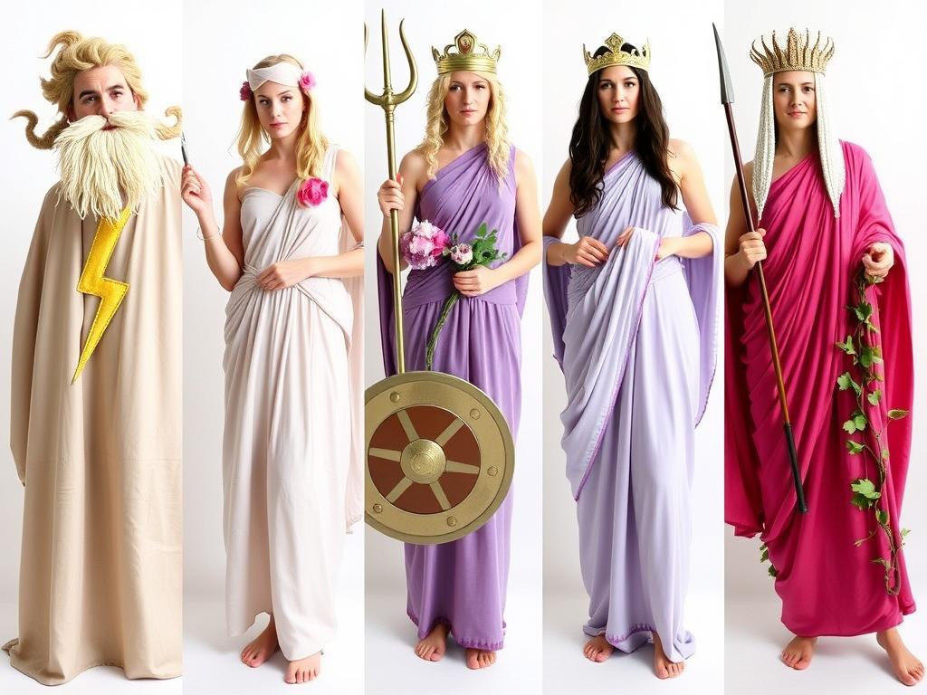 Różne warianty strojów greckich z prześcieradła dla różnych postaci mitologicznych