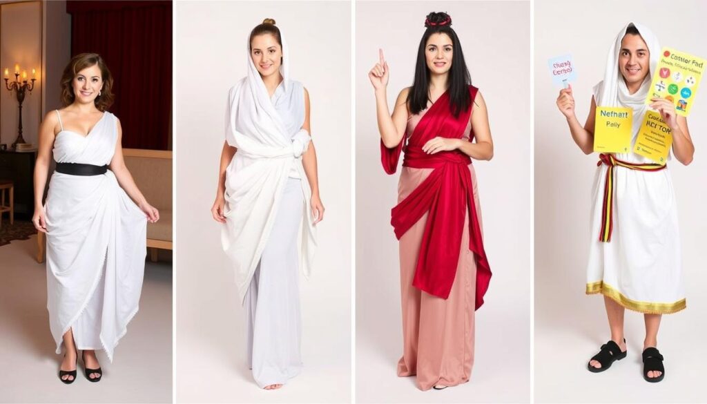 Różne warianty strojów greckich z prześcieradła na różne okazje