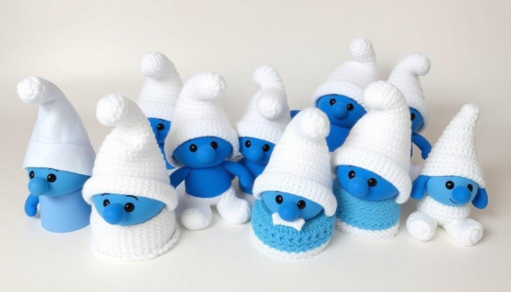 Różne wersje gotowych czapek smerfa wykonanych różnymi technikami