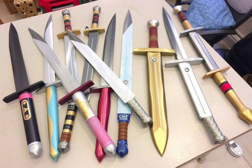 Różne wersje mieczy pirackich DIY wykonane z kartonu i innych materiałów