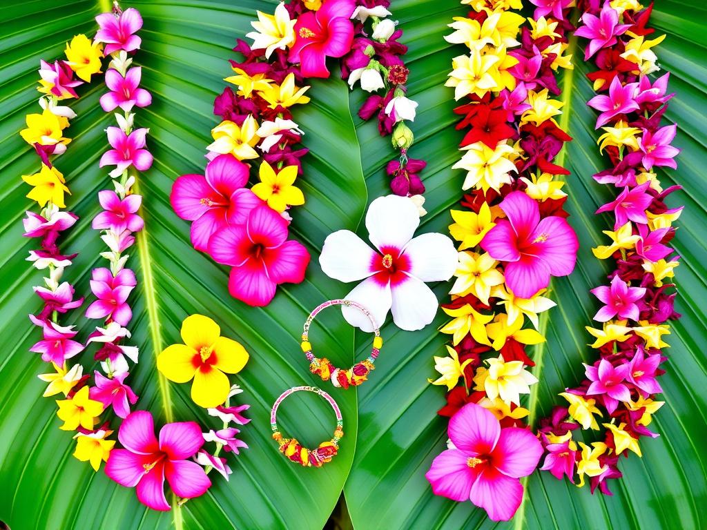 Różnokolorowe hawajskie naszyjniki lei i bransoletki z kwiatów ułożone na tropikalnych liściach