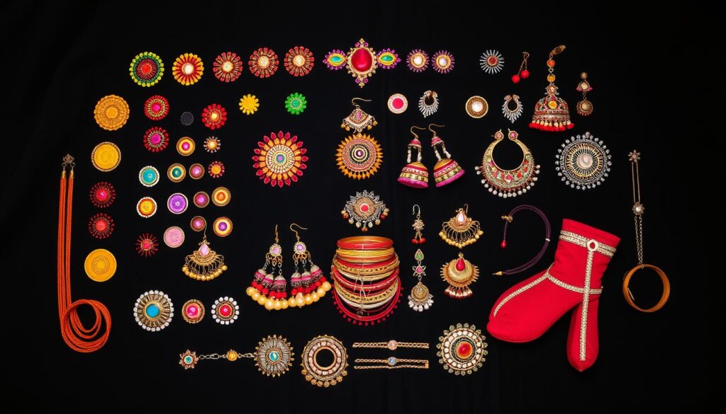 Różnorodne dodatki do stroju hinduskiego - bindi, biżuteria, ozdoby do włosów