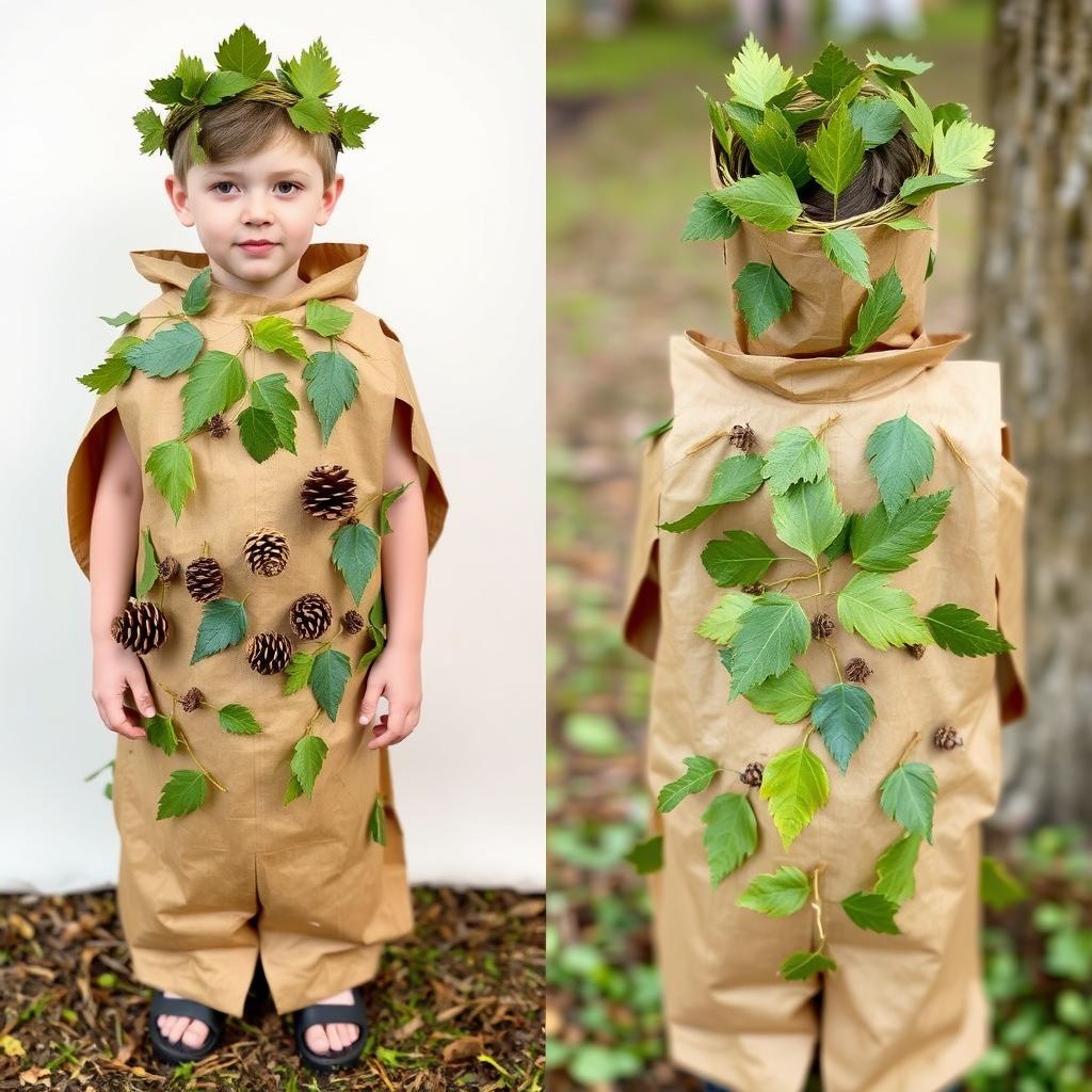 Strój leśnego ducha wykonany z worków i materiałów naturalnych