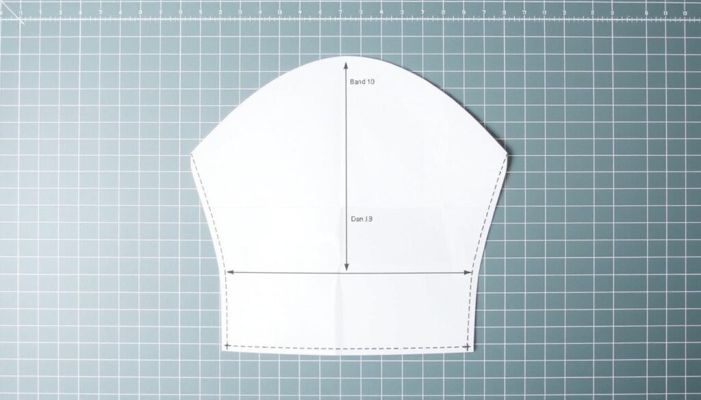 Szablon czapki kucharskiej z zaznaczonymi liniami cięcia i zgięcia