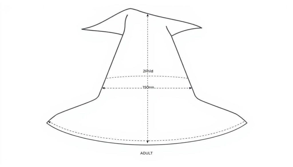 Szablon kapelusza czarownicy z wymiarami dla różnych rozmiarów głowy