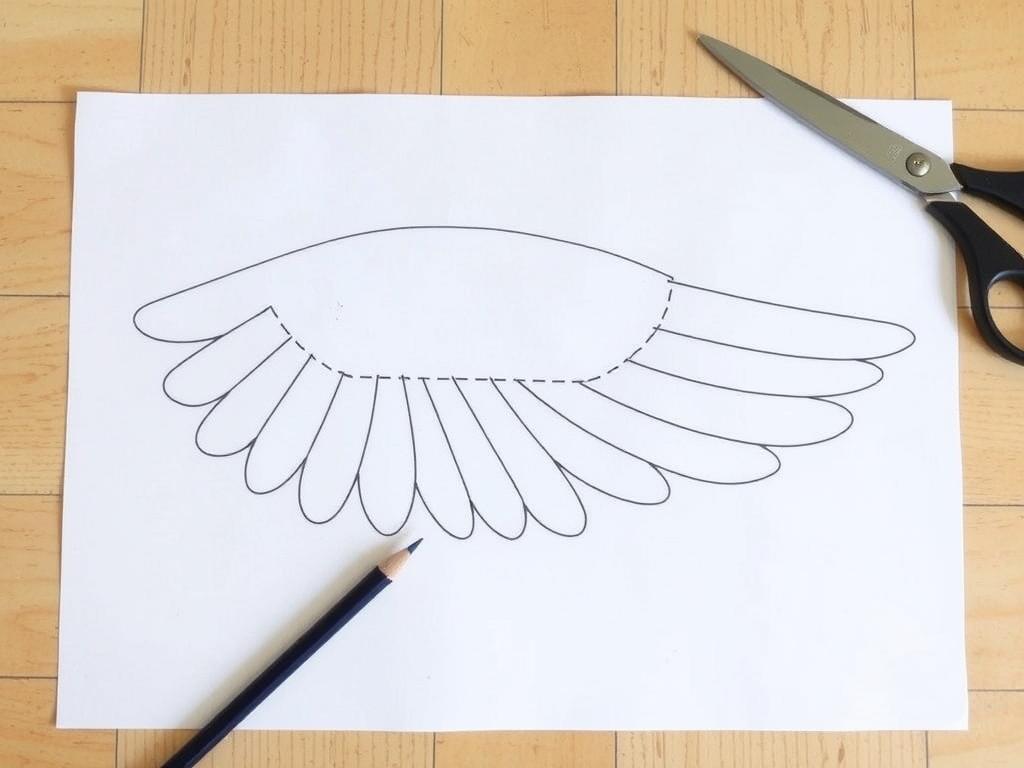 Szablon skrzydeł ptaka z zaznaczonymi miejscami na nacięcia