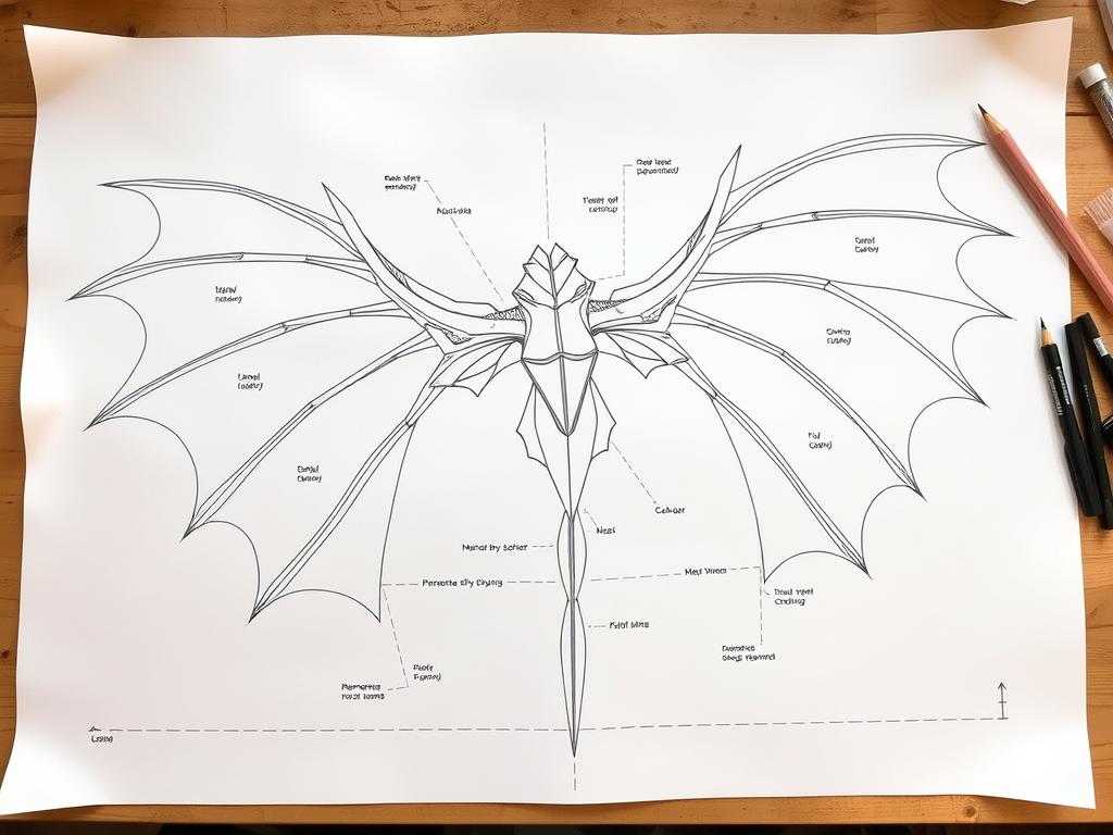 Szablon skrzydeł smoka z zaznaczonymi elementami konstrukcyjnymi