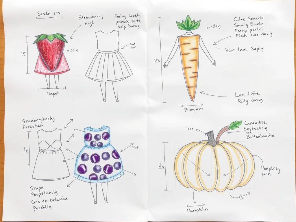 Szkice różnych kostiumów owocowych i warzywnych z wymiarami i notatkami