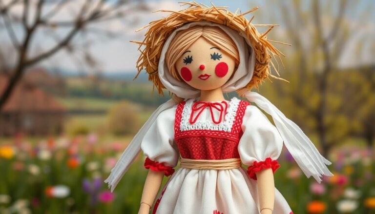 Tradycyjna marzanna ze słomy i białego płótna na tle wiosennego krajobrazu
