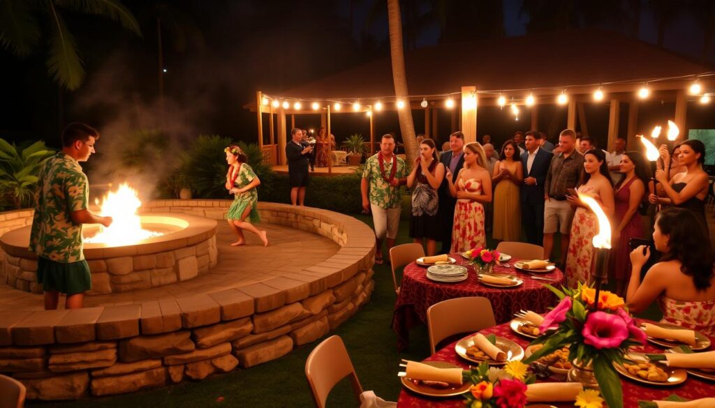 Tradycyjne luau z tancerzami hula, ogniskiem i gośćmi w eleganckich hawajskich strojach