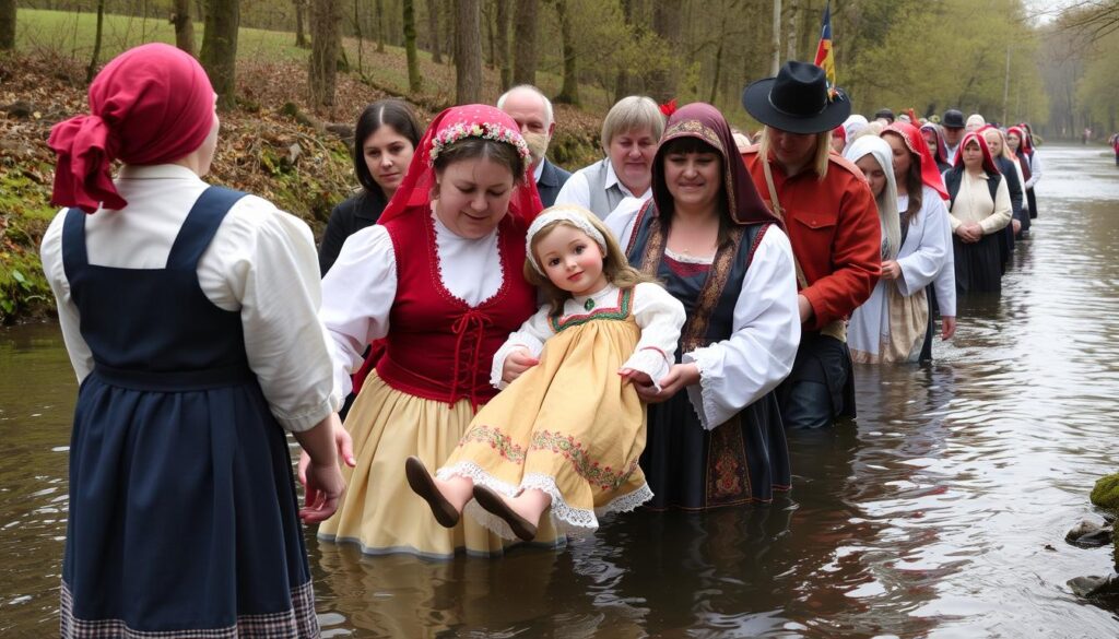 Tradycyjny obrzęd topienia marzanny nad rzeką w pierwszy dzień wiosny