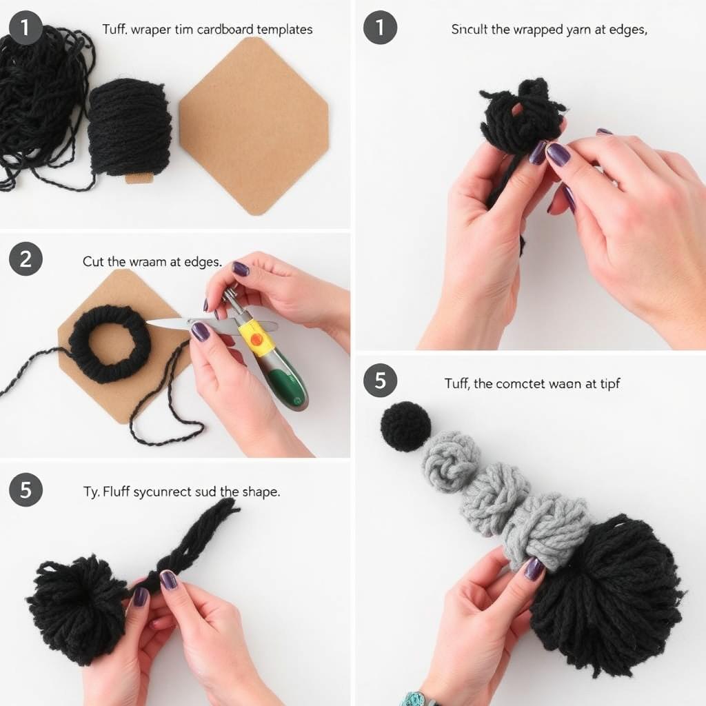 Tworzenie pomponów z wełny do ogona kota - różne etapy i rozmiary
