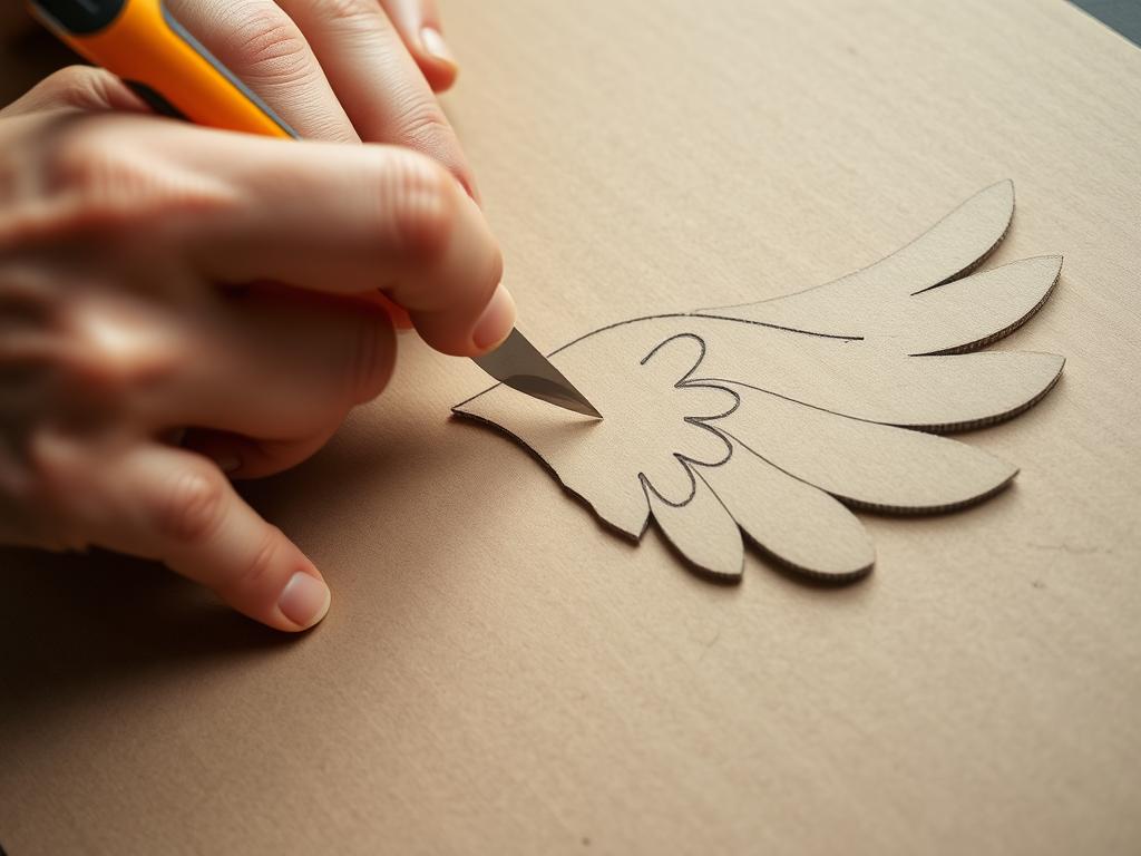 Wycinanie skrzydeł z kartonu za pomocą noża do tapet