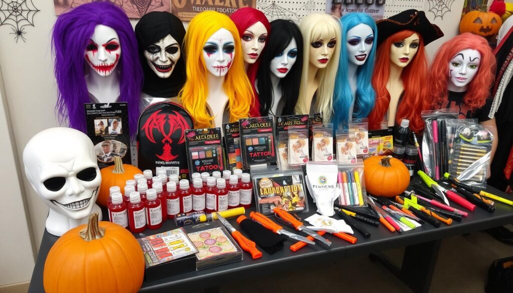 Akcesoria do kostiumów halloweenowych, w tym maski, peruki i sztuczna krew za kogo się przebrać na halloween