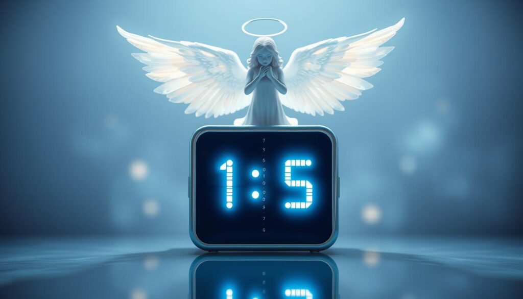 Anioł nad zegarkiem pokazującym godzinę lustrzaną, symbolizujący związek między anielskimi liczbami a godzinami lustrzanymi