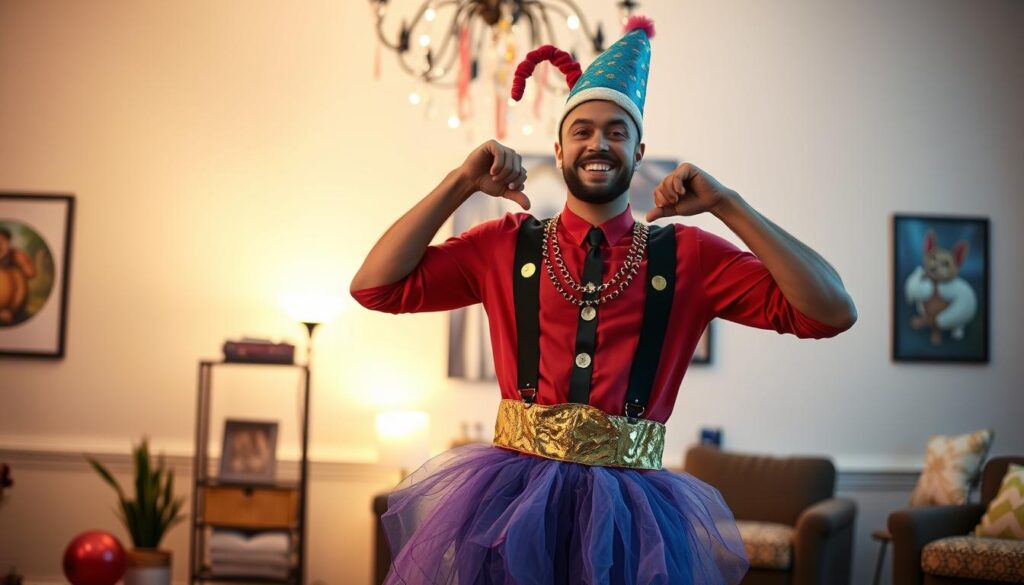 Dumna osoba prezentująca swój samodzielnie wykonany strój karnawałowy dla dorosłych