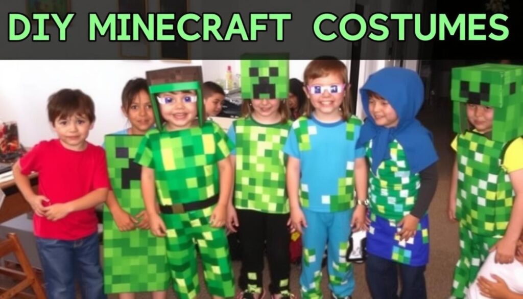 Dzieci w różnych kostiumach Minecraft - Steve, Creeper i inne postacie